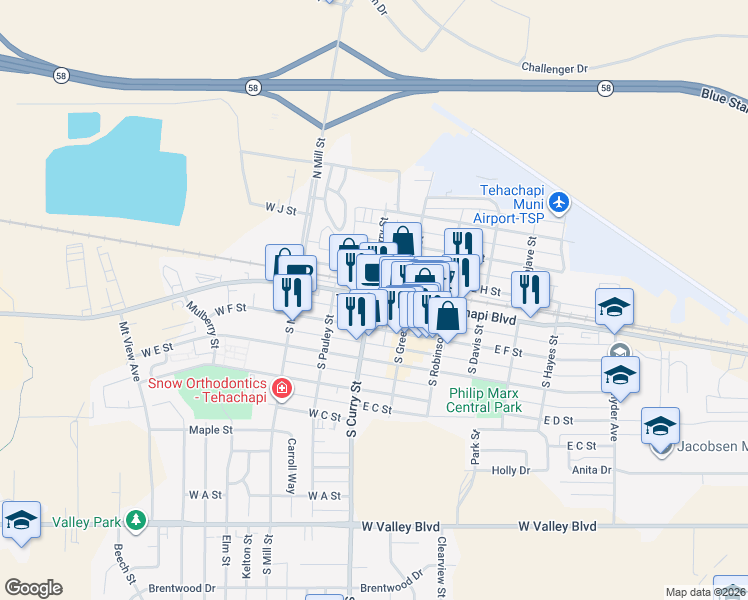 map of restaurants, bars, coffee shops, grocery stores, and more near in Tehachapi