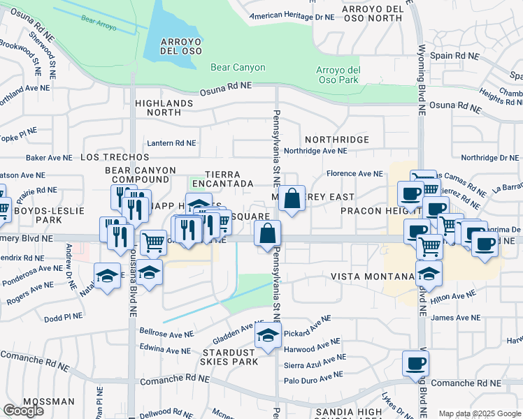 map of restaurants, bars, coffee shops, grocery stores, and more near 7501 Montgomery Boulevard Northeast in Albuquerque