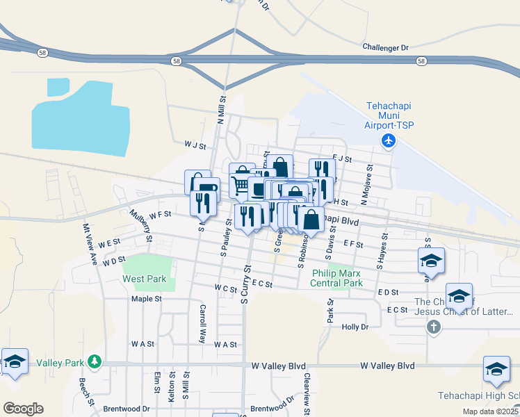 map of restaurants, bars, coffee shops, grocery stores, and more near 29700 Pinedale Drive in Tehachapi