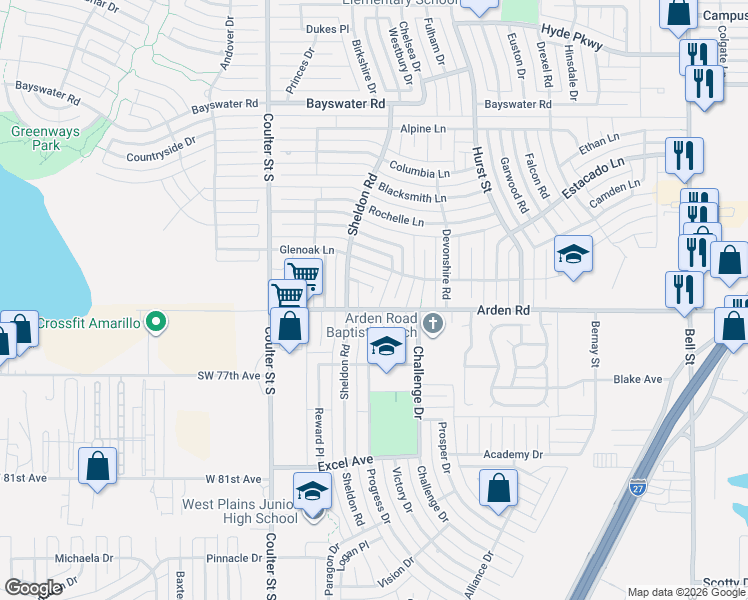 map of restaurants, bars, coffee shops, grocery stores, and more near 7500 Progress Drive in Amarillo
