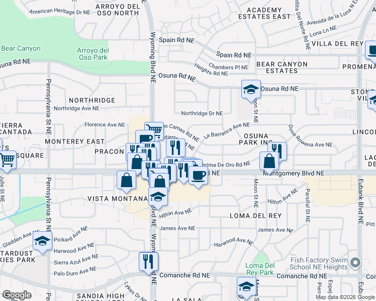 map of restaurants, bars, coffee shops, grocery stores, and more near 4509 La Barranca Avenue Northeast in Albuquerque