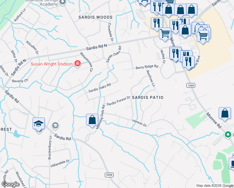 map of restaurants, bars, coffee shops, grocery stores, and more near 9201 Sardis Forest Drive in Charlotte