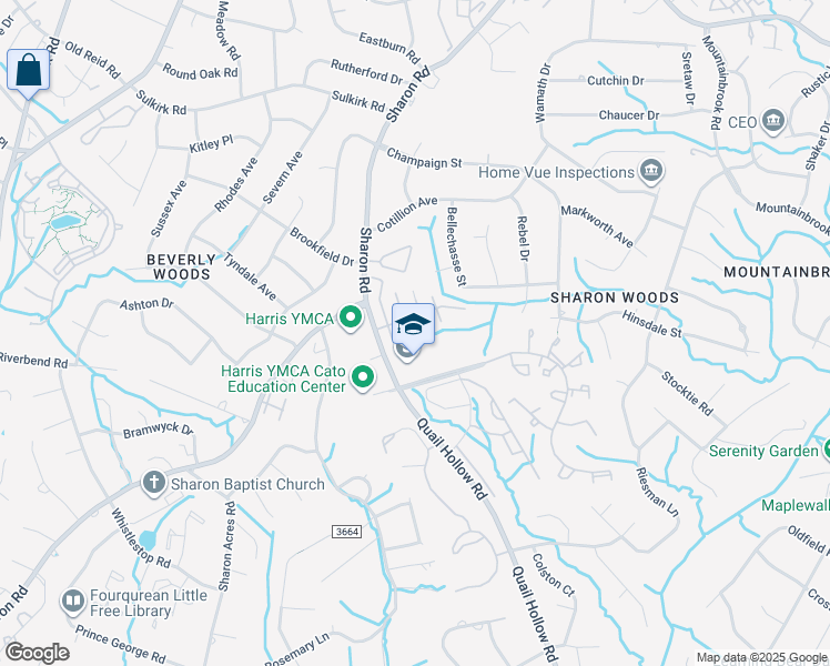 map of restaurants, bars, coffee shops, grocery stores, and more near 6001 Quail Hollow Road in Charlotte