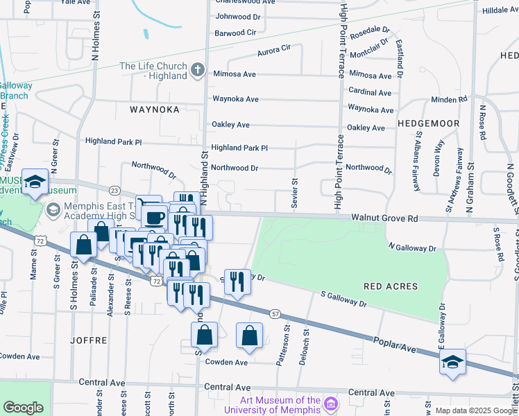 map of restaurants, bars, coffee shops, grocery stores, and more near in Memphis