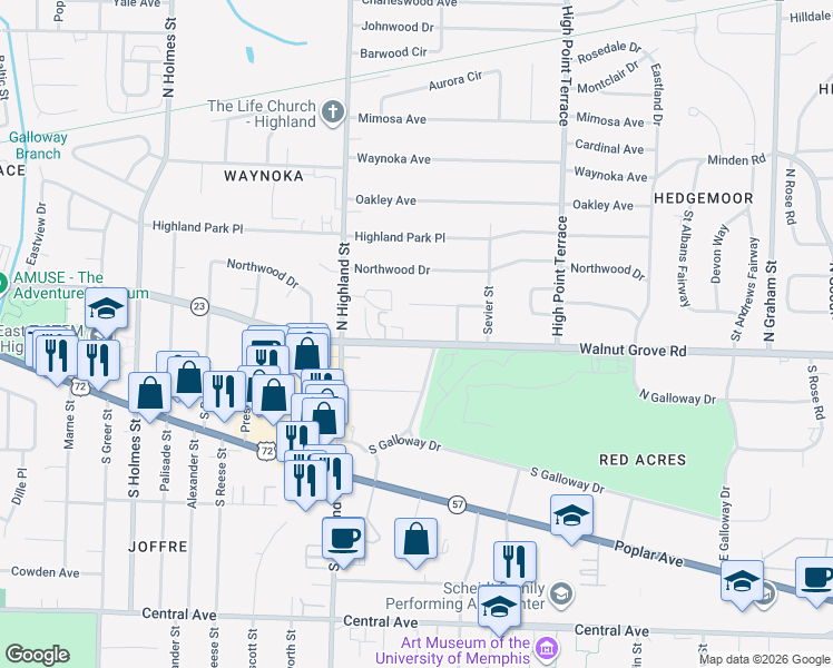 map of restaurants, bars, coffee shops, grocery stores, and more near in Memphis