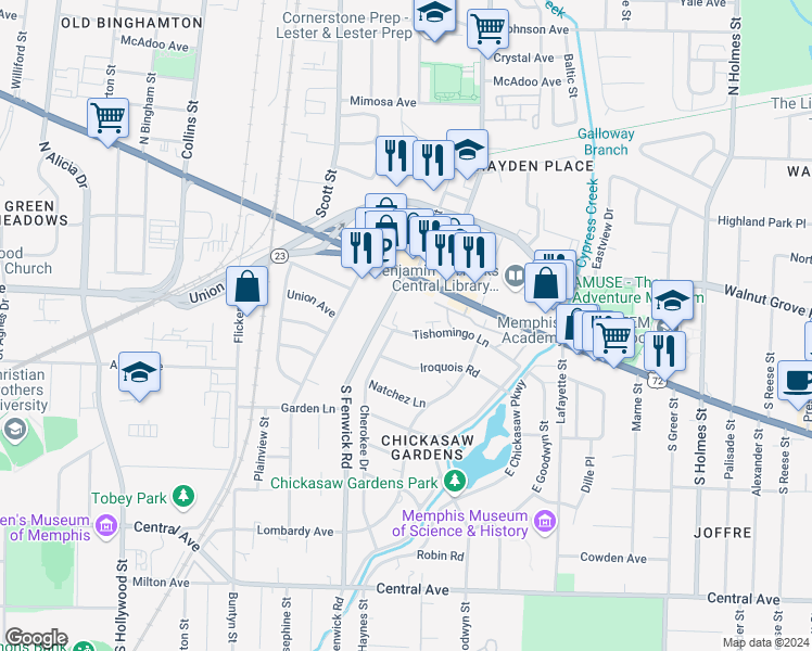 map of restaurants, bars, coffee shops, grocery stores, and more near 2927 Tishomingo Lane in Memphis