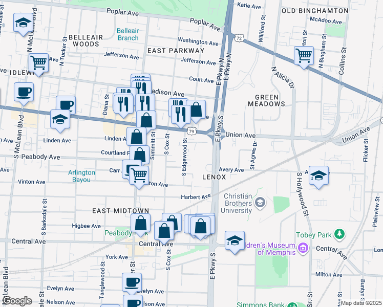 map of restaurants, bars, coffee shops, grocery stores, and more near 2260 Tunis Cove in Memphis
