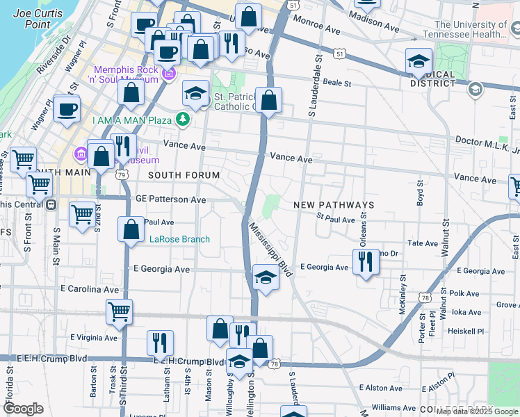 map of restaurants, bars, coffee shops, grocery stores, and more near 578 Mississippi Boulevard in Memphis
