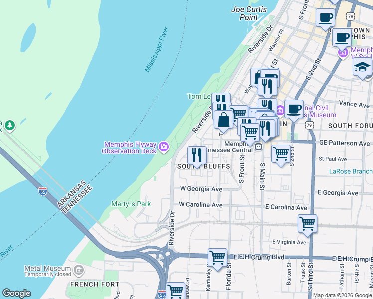 map of restaurants, bars, coffee shops, grocery stores, and more near 570 Magnolia Mound Drive in Memphis