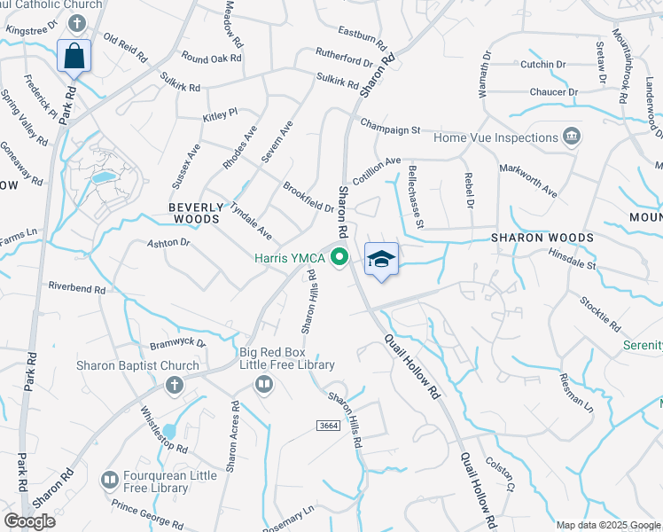 map of restaurants, bars, coffee shops, grocery stores, and more near 5900 Quail Hollow Road in Charlotte