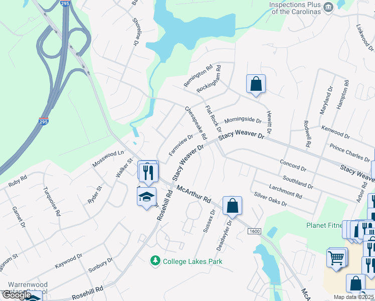 map of restaurants, bars, coffee shops, grocery stores, and more near 522 Stacy Weaver Drive in Fayetteville