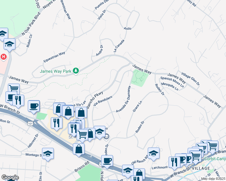 map of restaurants, bars, coffee shops, grocery stores, and more near 381 Via Bandolero in Arroyo Grande