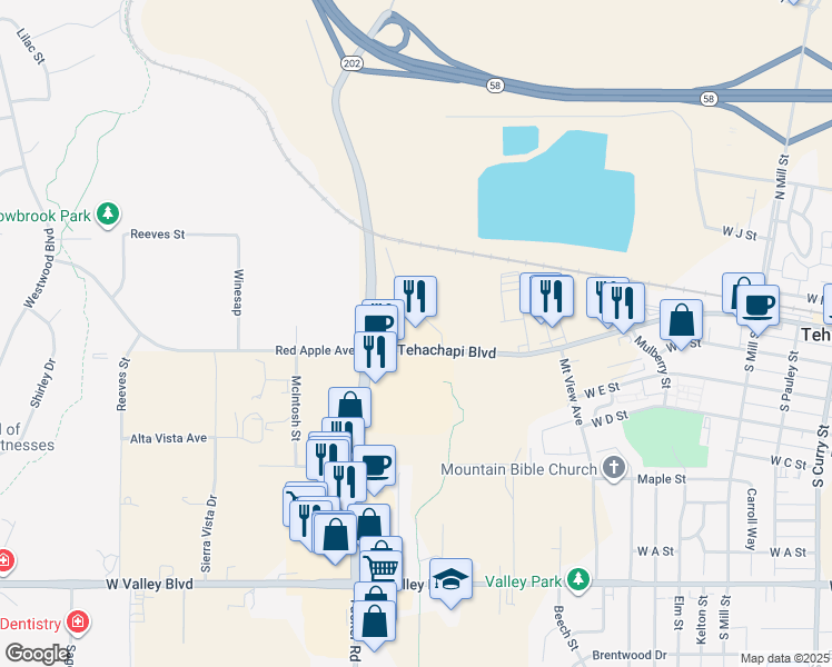 map of restaurants, bars, coffee shops, grocery stores, and more near 1001 West Tehachapi Boulevard in Tehachapi
