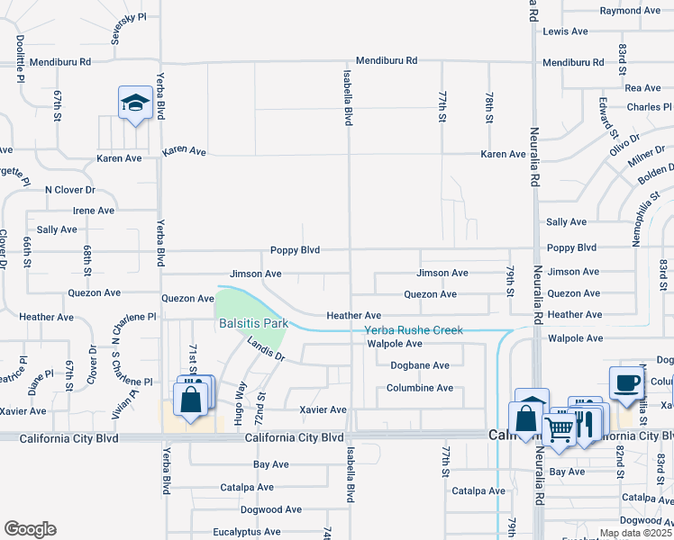 map of restaurants, bars, coffee shops, grocery stores, and more near 7433 Jimson Avenue in California City