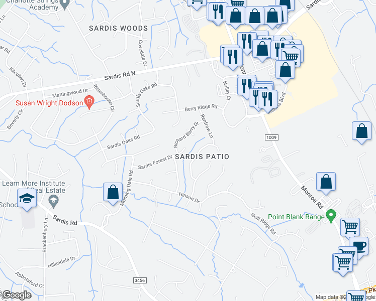 map of restaurants, bars, coffee shops, grocery stores, and more near 9322 Sardis Forest Drive in Charlotte