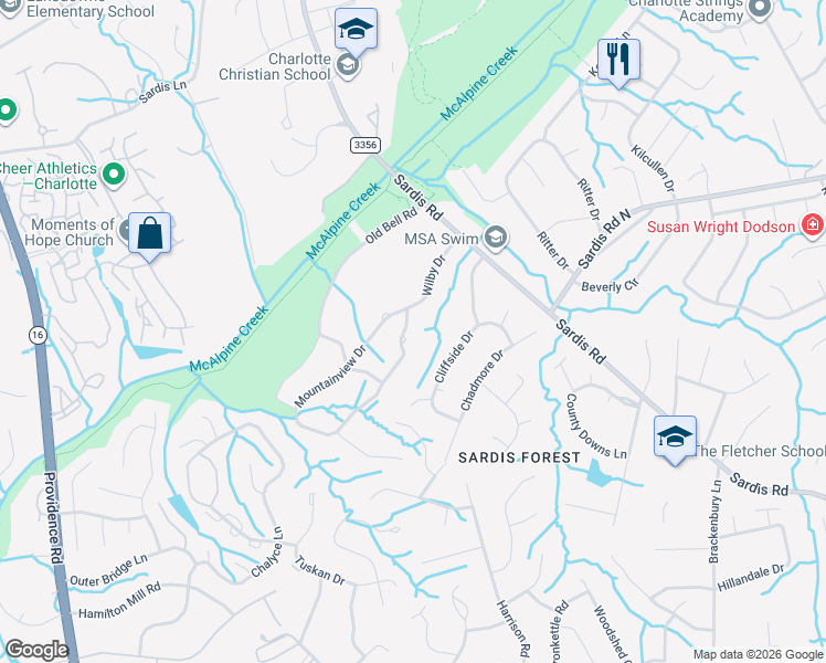 map of restaurants, bars, coffee shops, grocery stores, and more near 315 Wilby Drive in Charlotte