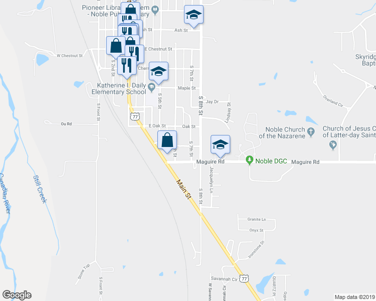 map of restaurants, bars, coffee shops, grocery stores, and more near 600 South 7th Street in Noble