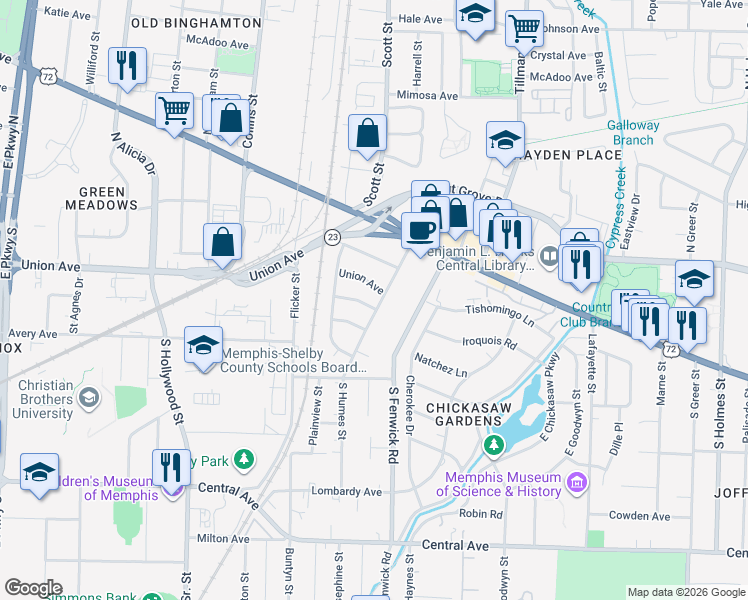map of restaurants, bars, coffee shops, grocery stores, and more near 2780 Natchez Lane in Memphis