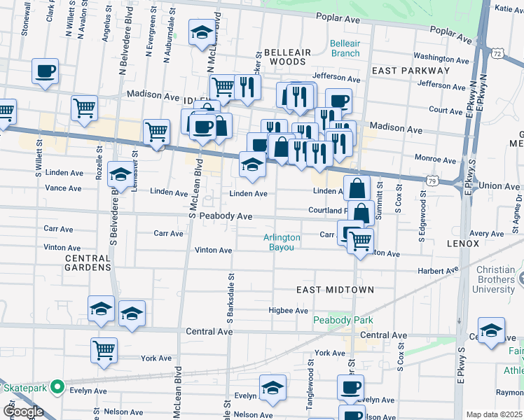 map of restaurants, bars, coffee shops, grocery stores, and more near 1962 Peabody Avenue in Memphis
