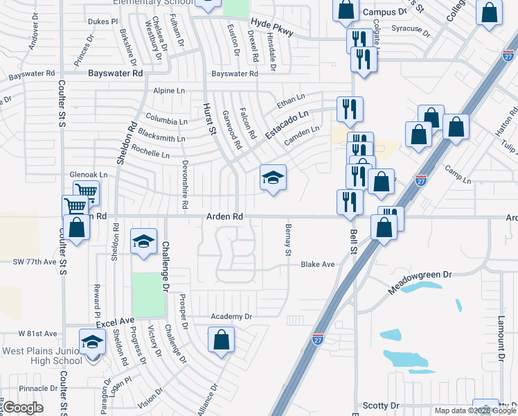 map of restaurants, bars, coffee shops, grocery stores, and more near 6948 Benwood Square in Amarillo