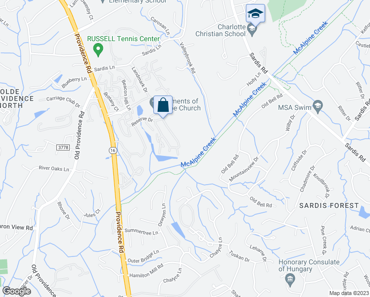 map of restaurants, bars, coffee shops, grocery stores, and more near 6614 Providence Square Drive in Charlotte