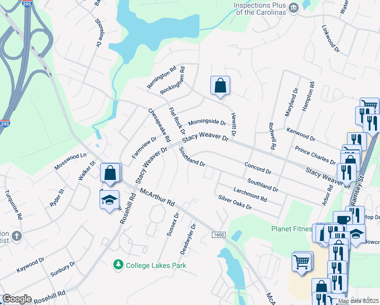 map of restaurants, bars, coffee shops, grocery stores, and more near 500 Southland Drive in Fayetteville
