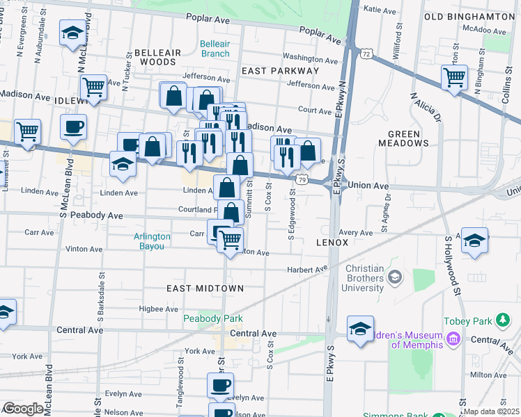 map of restaurants, bars, coffee shops, grocery stores, and more near 2198 Courtland Place in Memphis