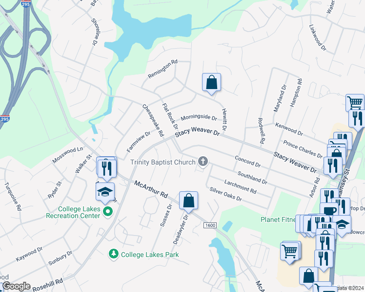map of restaurants, bars, coffee shops, grocery stores, and more near 500 Southland Drive in Fayetteville