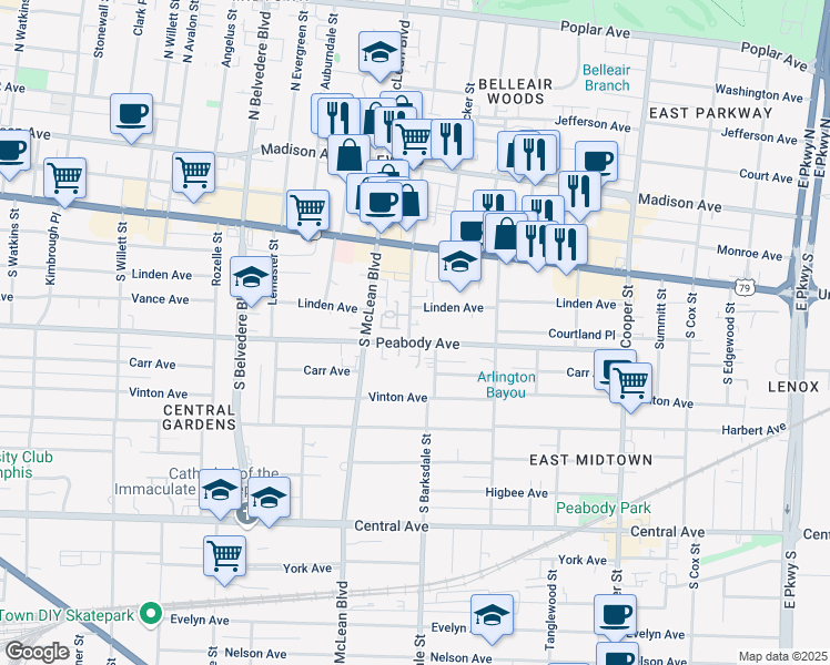 map of restaurants, bars, coffee shops, grocery stores, and more near 1896 Peabody Avenue in Memphis