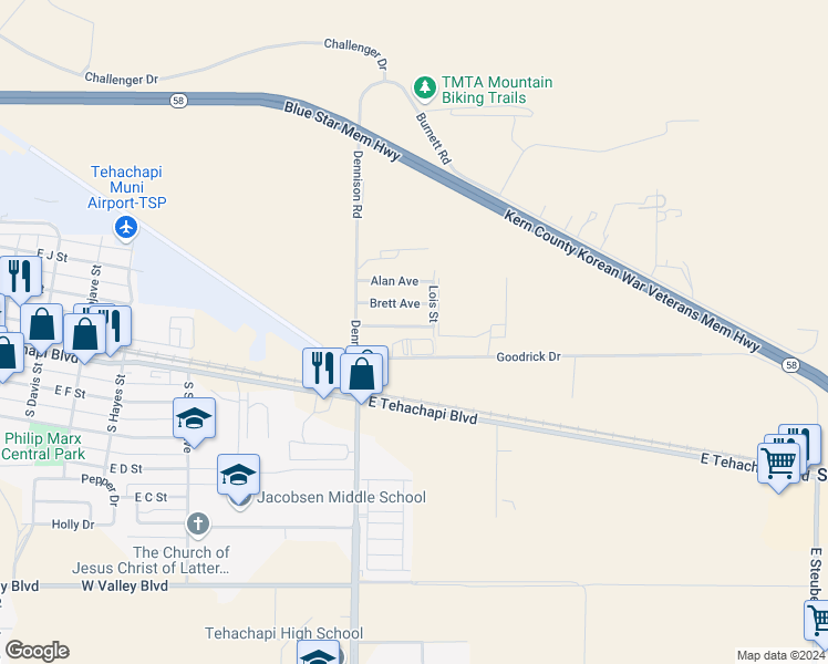 map of restaurants, bars, coffee shops, grocery stores, and more near 49519 Michael Avenue in Tehachapi