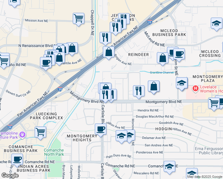 map of restaurants, bars, coffee shops, grocery stores, and more near 3859 Montgomery Boulevard Northeast in Albuquerque