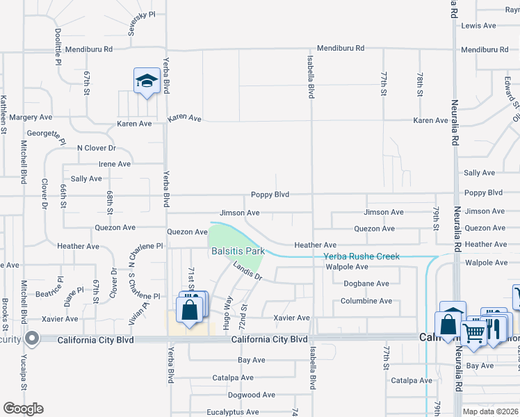 map of restaurants, bars, coffee shops, grocery stores, and more near 7313 Poppy Boulevard in California City