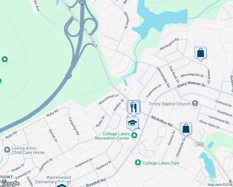 map of restaurants, bars, coffee shops, grocery stores, and more near 1106 Lake Mont Court in Fayetteville