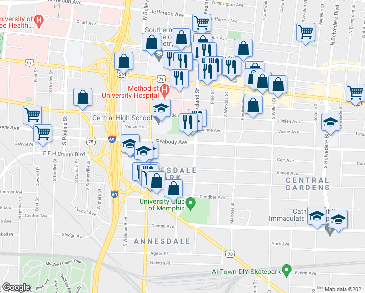 map of restaurants, bars, coffee shops, grocery stores, and more near 1304 Peabody Avenue in Memphis