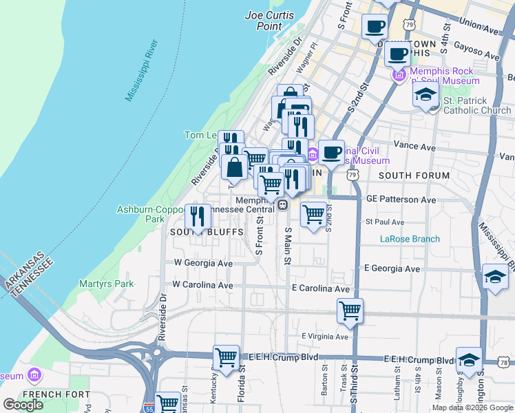 map of restaurants, bars, coffee shops, grocery stores, and more near 6 West GE Patterson Avenue in Memphis