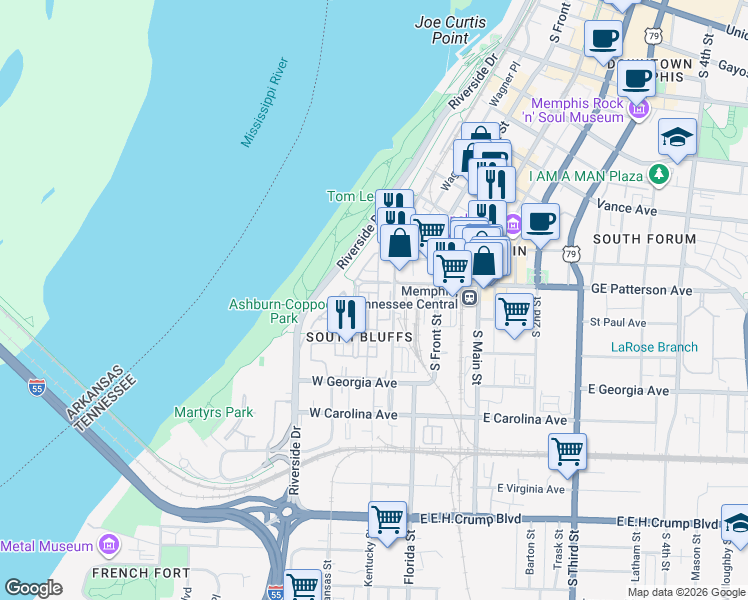 map of restaurants, bars, coffee shops, grocery stores, and more near 25 West GE Patterson Avenue in Memphis