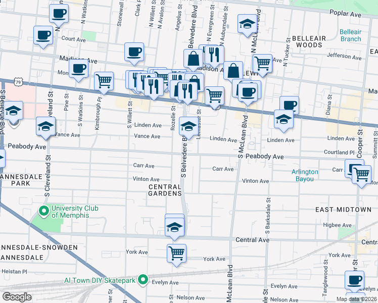 map of restaurants, bars, coffee shops, grocery stores, and more near 266 South Belvedere Boulevard in Memphis