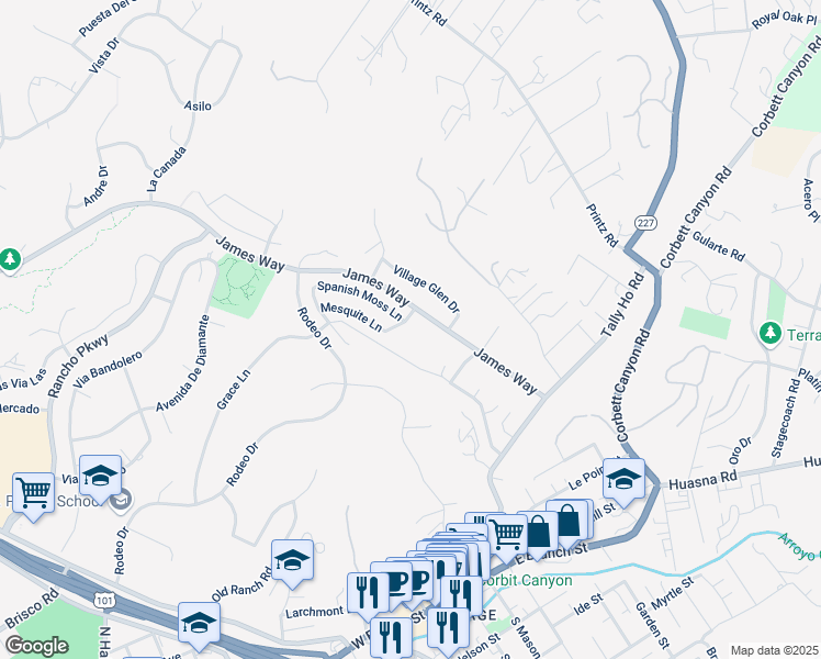 map of restaurants, bars, coffee shops, grocery stores, and more near 321 Mesquite Lane in Arroyo Grande
