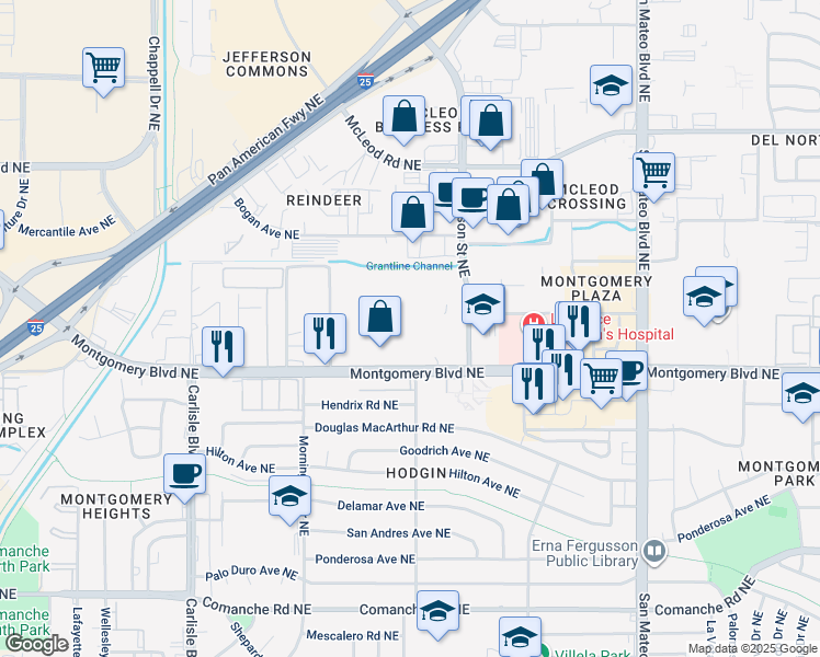map of restaurants, bars, coffee shops, grocery stores, and more near 4321 Montgomery Boulevard Northeast in Albuquerque
