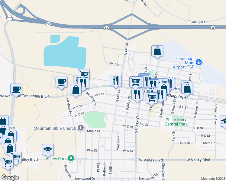 map of restaurants, bars, coffee shops, grocery stores, and more near 414 West Tehachapi Boulevard in Tehachapi