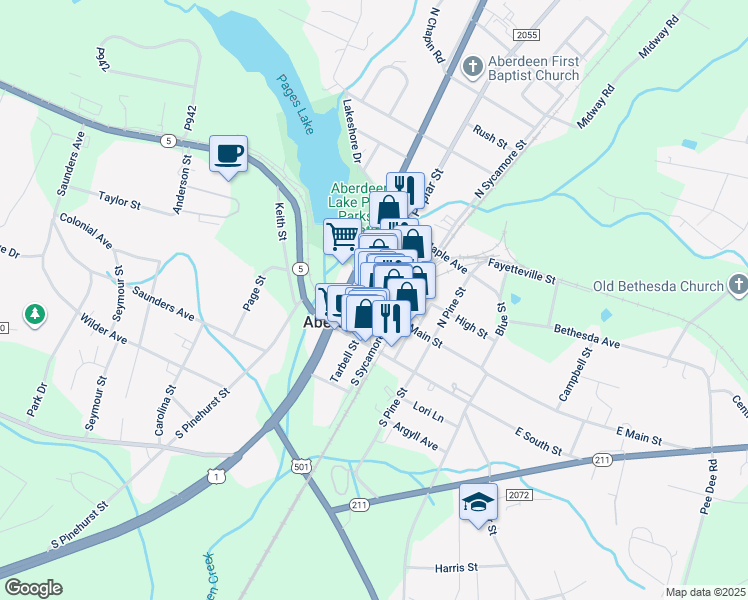 map of restaurants, bars, coffee shops, grocery stores, and more near 122 West Main Street in Aberdeen