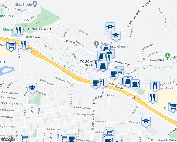 map of restaurants, bars, coffee shops, grocery stores, and more near Village Circle in Pismo Beach