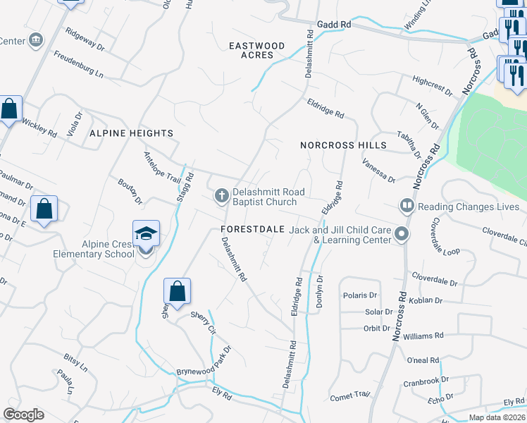 map of restaurants, bars, coffee shops, grocery stores, and more near 4810 Delashmitt Road in Chattanooga