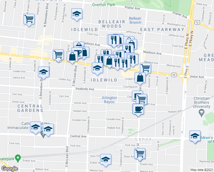 map of restaurants, bars, coffee shops, grocery stores, and more near S Rembert St & Courtland Pl in Memphis