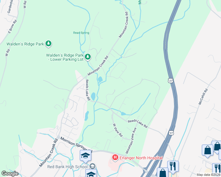 map of restaurants, bars, coffee shops, grocery stores, and more near 800 Reads Lake Road in Chattanooga