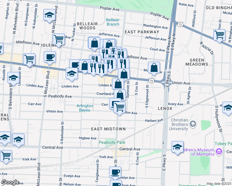 map of restaurants, bars, coffee shops, grocery stores, and more near 2117 Linden Avenue in Memphis