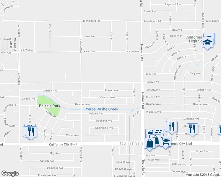 map of restaurants, bars, coffee shops, grocery stores, and more near 7648 Jimson Avenue in California City