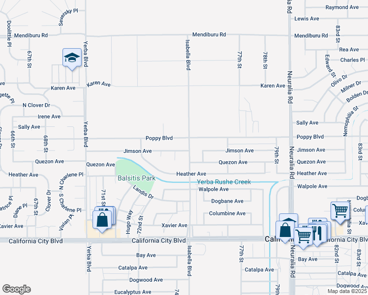 map of restaurants, bars, coffee shops, grocery stores, and more near 7433 Jimson Avenue in California City