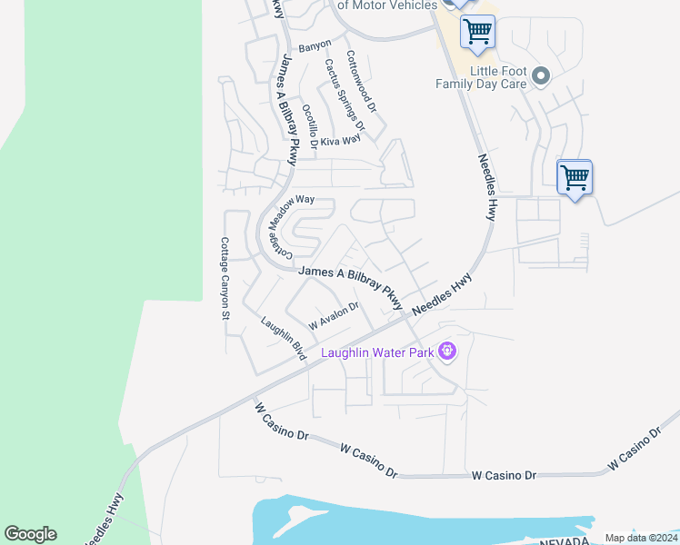 map of restaurants, bars, coffee shops, grocery stores, and more near James A Bilbray Parkway in Laughlin