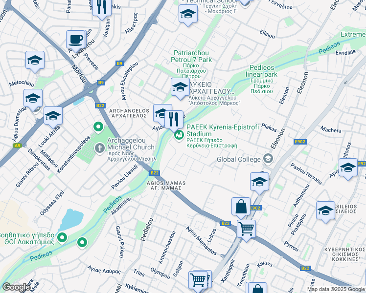 map of restaurants, bars, coffee shops, grocery stores, and more near Diodos Kifea in Strovolos